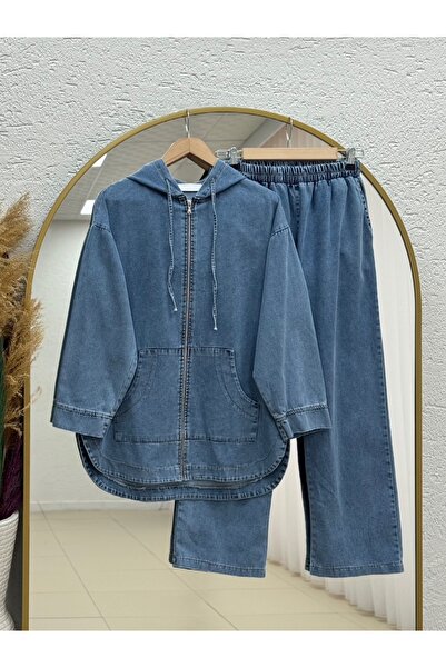 MİHRA STORE Alizeh Kangru Pocket Hooded Pants Denim Set-Ml322 Blue