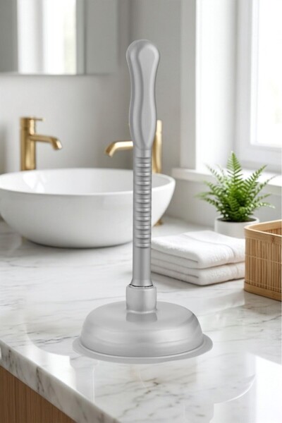 12den Battal Vantuz Pompa Gri, Mutfak Banyo Lavabo Küvet WC Tuvalet Gider Açıcı Büyük El Pompası 16x33cm