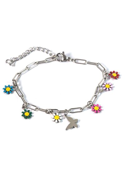 NO BRAND Αλυσίδα βραχιόλι Butterfly &amp; Daisies τύπου Paperclip λεπτή πλακέ...