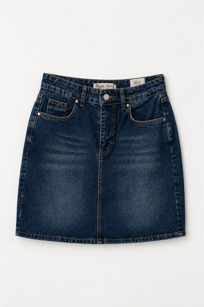 Genel Markalar Kadın Koyu Mavi Yüksek Bel Mini Kot Etek A Kesim Denim Etek