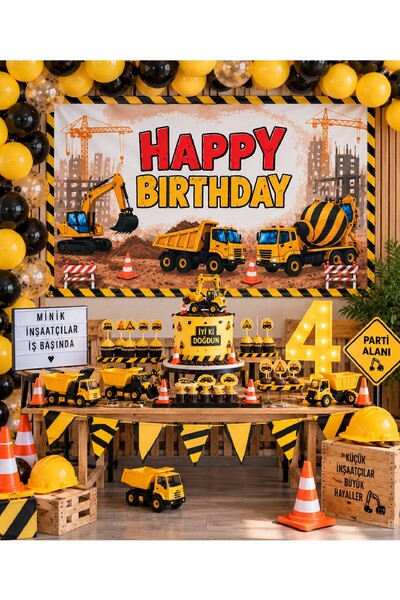 Bkmc İnşaat Temalı Doğum Günü Arka Fonu Vinil Branda | Happy Birthday Parti Dekoru | Şantiye Konsept Doğum Günü Parti Seti Süsü