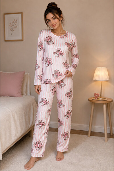SERPİL Women's Pajama Set Teddy Bear Patterned Pink Striped Long Sleeve