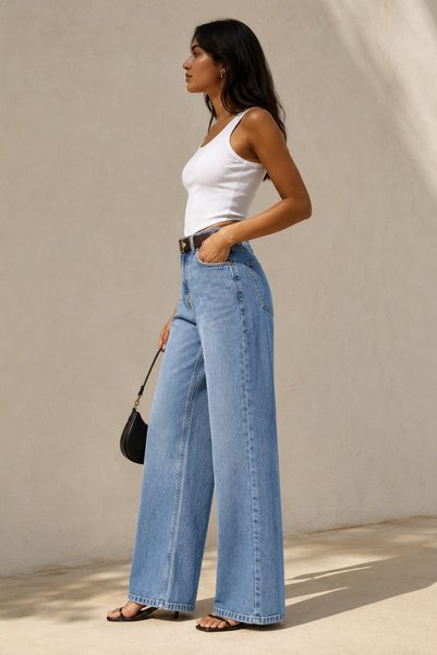 SHEVEGA Women's Tinted High Waist Stretch Belt Detailed Lycra Wide Leg Loose Denim Jeans Trousers