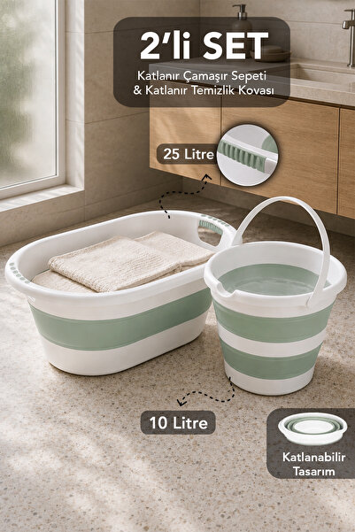 Meleni Home 2'li Katlanabilir Banyo Seti - 25Lt Silikon Kulplu Çamaşır Sepeti...