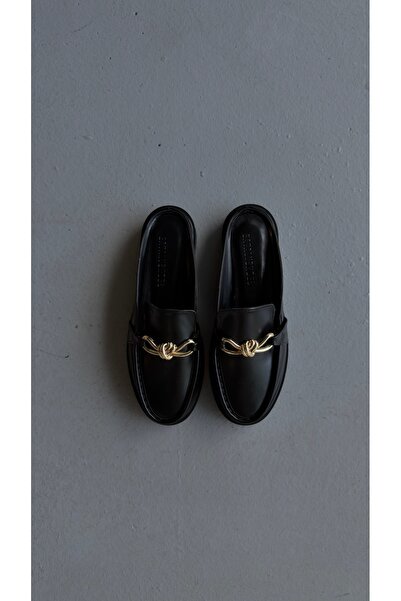 Eataly Shoes Rosso Siyah Cilt Deri Gold Tokalı Terlik