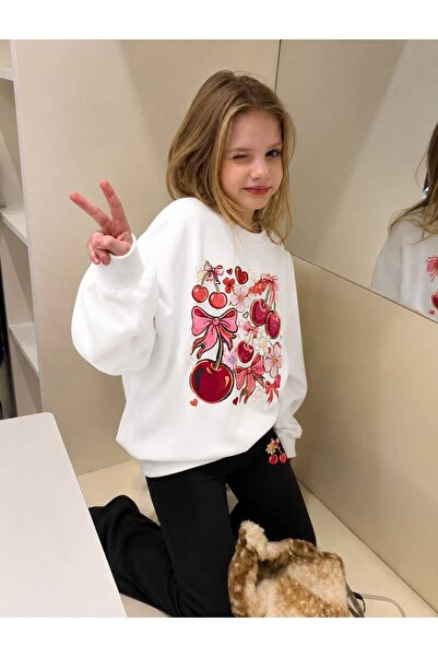 MORNİNG KİDS Girl's Floral Cherry Printed White Crew Neck Sweatshirt-Spanish ...