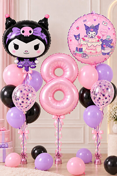 ALYA PARTİ Kuromi 8 Yaş Doğum Günü Balon Seti Rakam Folyo Balon Pembe Lila Si...