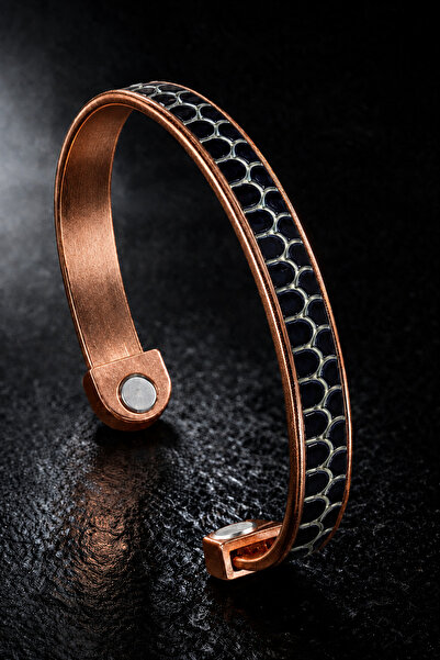 İyyaKee Snake Skin Detailed Double Magnet Pure Copper Men's Bracelet Adjustab...