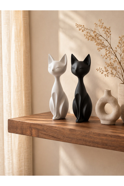 Printorium Siyah Beyaz İkili Minimalist Kedi Biblo - 15 CM – Modern Dekoratif...