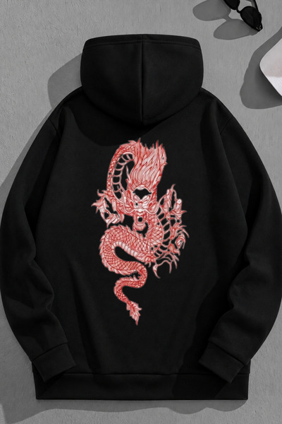 K KOZZ STYLE Unisex 3 Thread Cotton Black Reddragon Print Loose Fit Sweatshir...