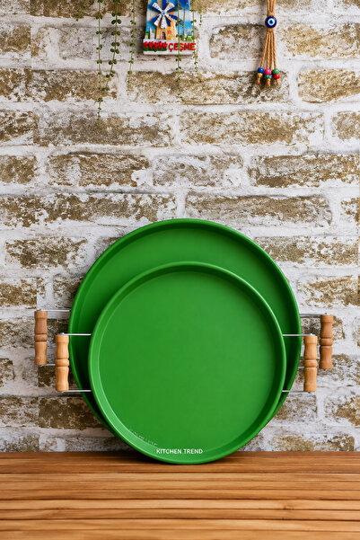 hemlife Kitchen Trend Set of 2 Round Metal Trays with Wooden Handles 37-30 cm...