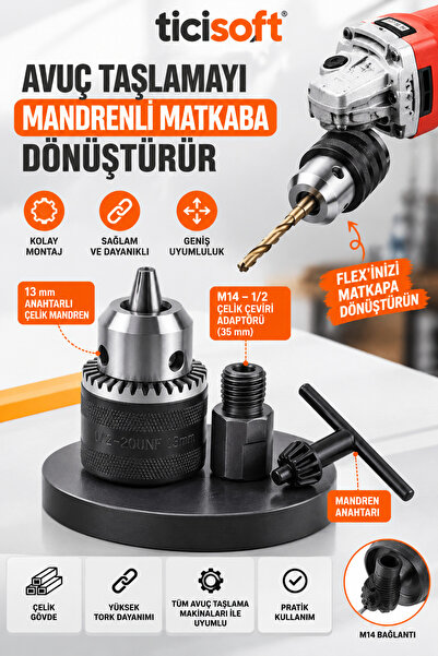 Ticisoft Avuç Taşlama Spiral Makinesini Matkaba Dönüştüren Adaptör Seti 13 mm...