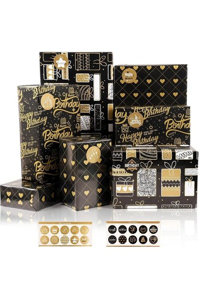 AZONEE Gift Wrapping Paper, 6 Sheets Wrapping Paper with Stickers, Black Gold...