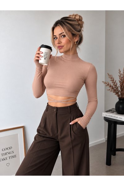 peralist Women's Beige Backless Tie Detailed High Neck Long Sleeve Cropped Blouse