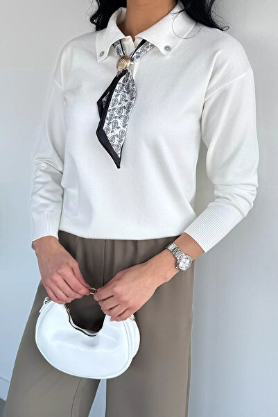 TOZLU Cream Gülseli Scarf Detailed Polo Collar Knitwear Sweater