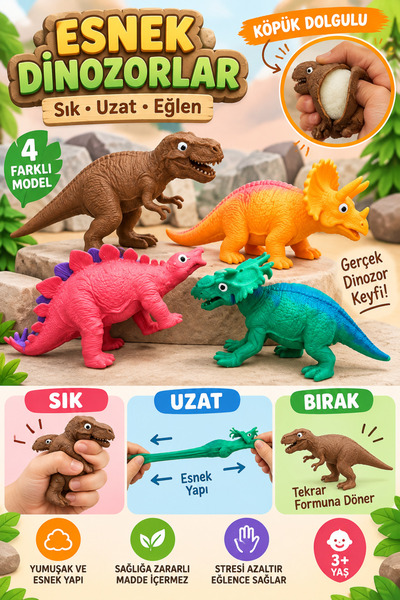 MİNGODAN Esnek Dolgulu Dinazor Silikon Oyuncak - Uzayan Squishy Sıkılabilir S...