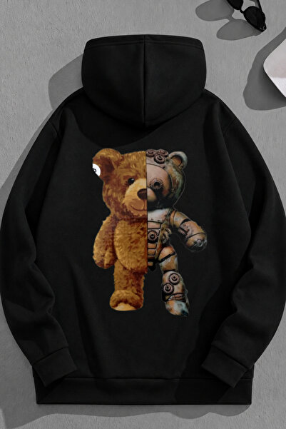 K KOZZ STYLE Unisex 3 Thread Cotton Black Robotbear Print Loose Fit Sweatshir...