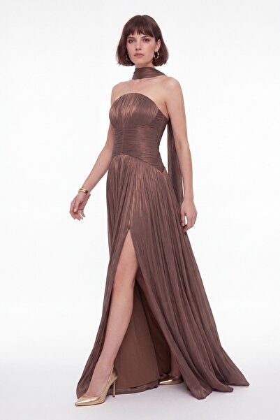 Lafaba Women's Brown Shawl Strapless Neckline Slit Long Chiffon Evening Dress