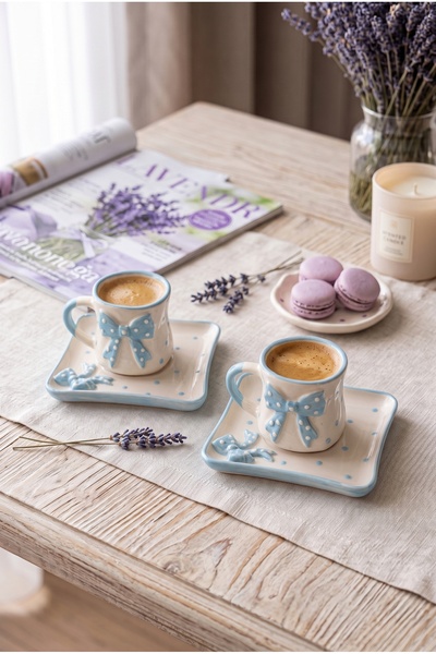 Homerest Türk Kahvesi ve Espresso Fincan Takımı 2'li Seramik Mavi Fiyonklu Pu...