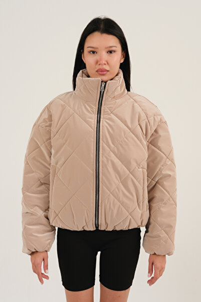 Tonny Black Women's Beige Stand Collar Long Sleeve Coat with Zipper Detail