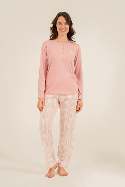 Arnetta Women's dusty rose pajama set, buttoned collar, pocket detailed 50% c...