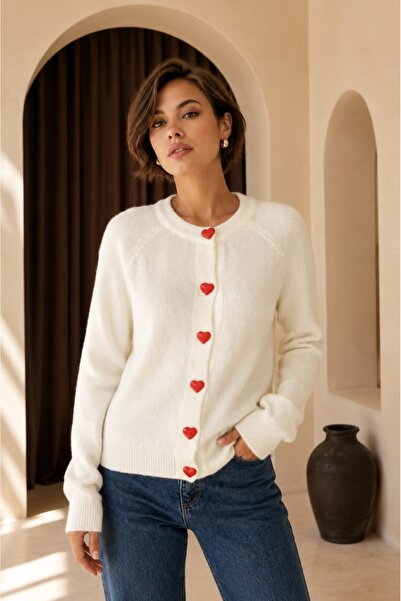 Arbucky Women's Crew Neck Heart Buttoned Basic Knitwear Cardigan