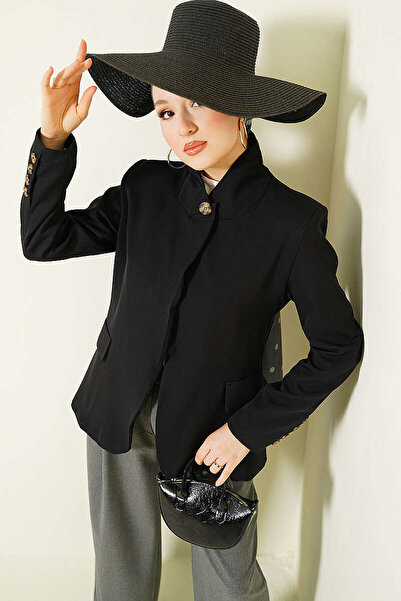Merterium Women's Single Button Oversize Blazer Jacket 1589 - Black