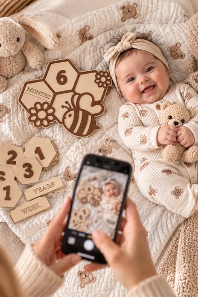 TİNY WONDERS TOY STORE Bebek Anı Kartı Arı Petek Temalı Değiştirilebilir Rakamlı Hafta Ay Yıl Fotoğraf Çekim Seti