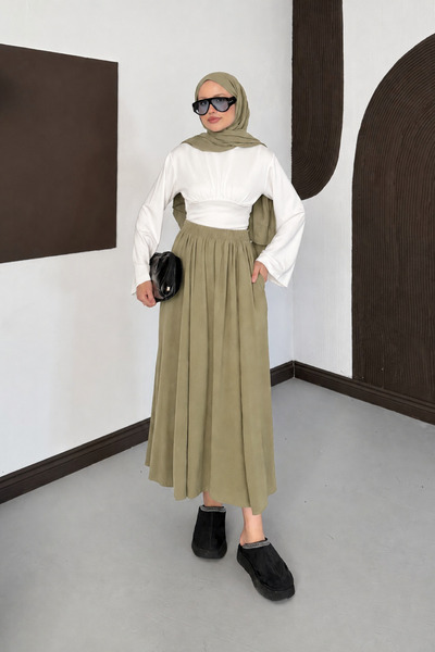 Moda Neval تنورة طويلة من قماش التنسل ذو الخصر العالي للنساء