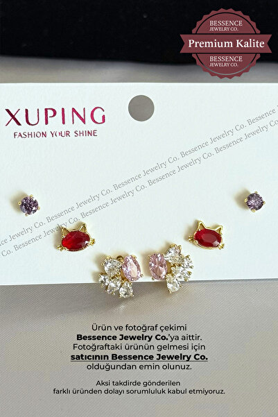 BESSENCE JEWELRY CO. Xuping 14K Gold VIP Çelik Küpe Çoklu Küpe 3'lü Kombin Zi...