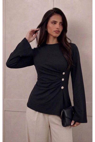 Moda Lounge Spanish Sleeve Women's Blouse with Drapes and Buttons