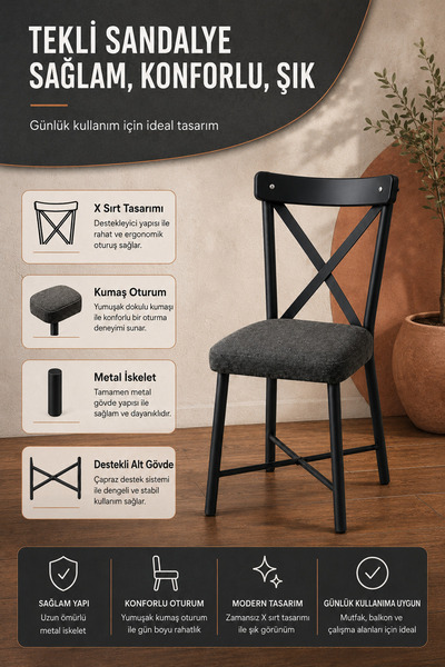 Decorness Tekli Premium X Sandalye Çalışma & Mutfak & Balkon Sandalyesi Metal...