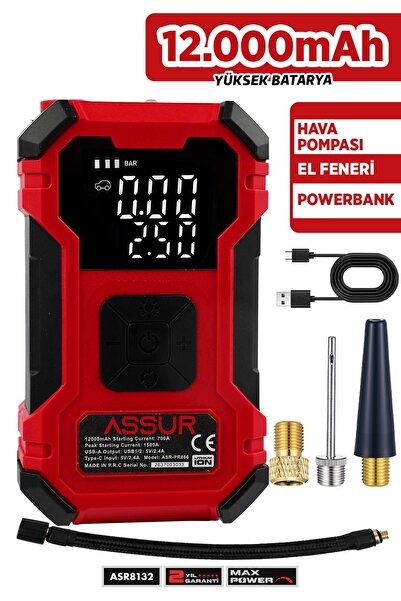 ASSUR 12.000 mAh Oto Kompresör| Hava Kompresörü | Powerbank | Led Işık |