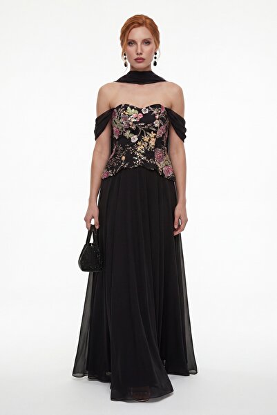 Lafaba Women's Black Boat Neck Beaded Embroidered Long Evening Dress
