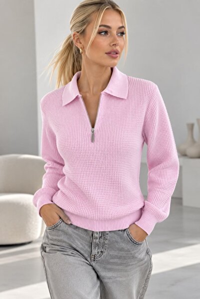 Arbucky Women's Polo Collar Half Zipper Honeycomb Knit Sweater