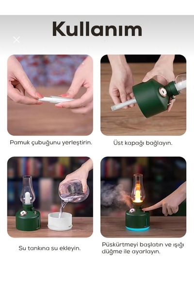 MİMOZA PARK Şarjlı Nostaljik Gaz Lambası Hava Nemlendirici ve Buhar Makinesi- Dekoratif Masa ve Gece Lambası 280 ML