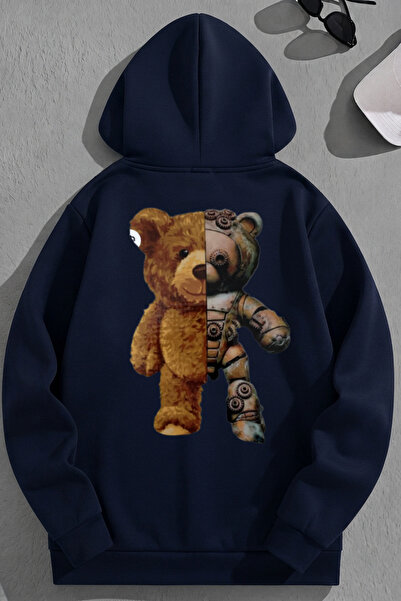 K KOZZ STYLE Unisex 3 Thread Cotton Navy Blue Robotbear Print Loose Fit Sweat...
