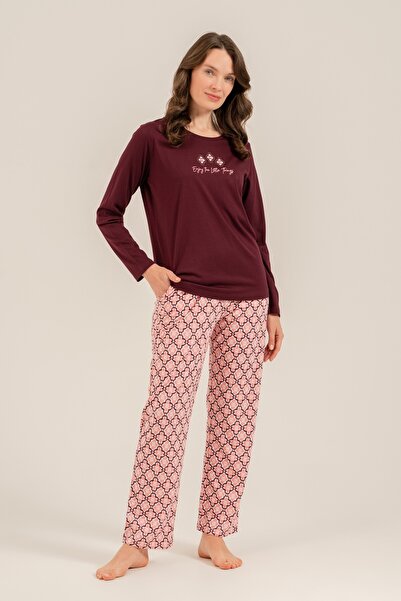 Arnetta Women's plum pajama set, round neck, pocket detailed 50% cotton 50% m...