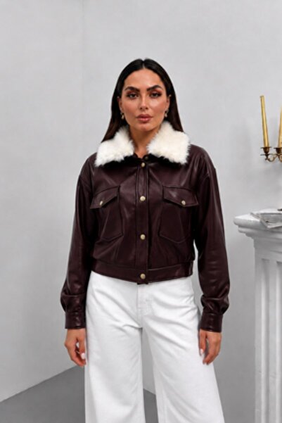 msm fashion Γυναικείο δερμάτινο μπουφάν με κοντό βελούδινο γιακά, κουμπιά και...