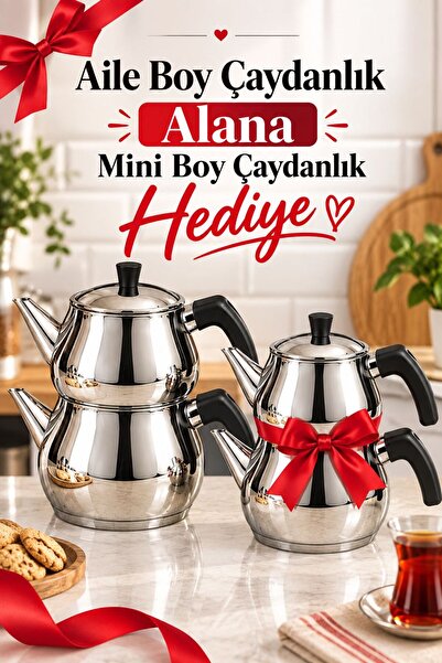 HAZARPAZAR Çaydanlık Siyah Bakalit Kulp Aile Boy 3.50 lt Hediyeli Mini Boy 1....