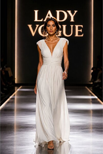 Lady Vogue Kadın Beyaz Drapeli Pileli Uzun Elbise