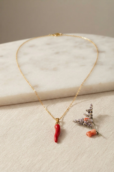 Mega Bazaar 316L Steel Gold Color Chain Red Capa Pepper Model Women's Necklace