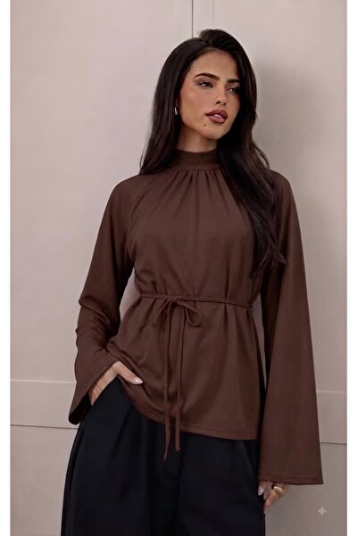 Moda Lounge بلوزة نسائية نصف ياقة على شكل حرف U مع حزام رفيع وأكمام إسبانية