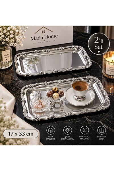 Mada Home 2’li Büyük Çelik Dikdörtgen Gümüş Çerçeveli Servis Sunum Tepsisi 17...