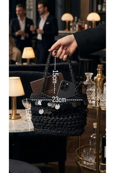 Zümrüdüanka Handmade El örmesi siyah renk pullu El çantası