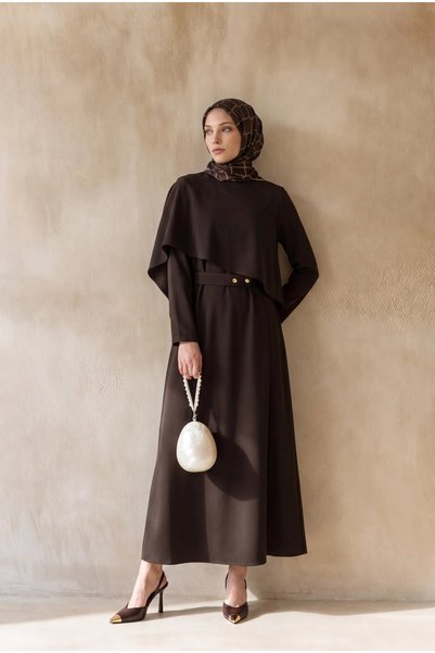 Armine TREND فستان إسلامي بأكمام طويلة وتفاصيل طبقات غير متماثلة وحزام
