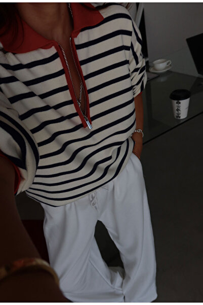 MareandCo Zipper Collar Detailed Striped Long Sleeve Knitwear