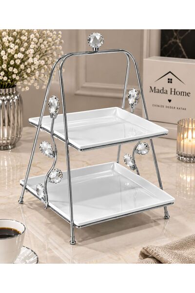 Mada Home 2 Katlı Kare Özel Büyük Kristal Taşlı Piramit Sunumluk Gümüş Standl...