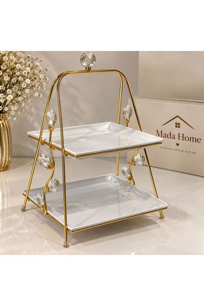 Mada Home 2 Katlı Kare Özel Büyük Kristal Taşlı Piramit Sunumluk Gold Standlı...