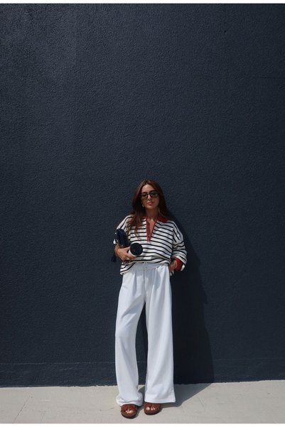 MareandCo Zipper Collar Detailed Striped Long Sleeve Knitwear